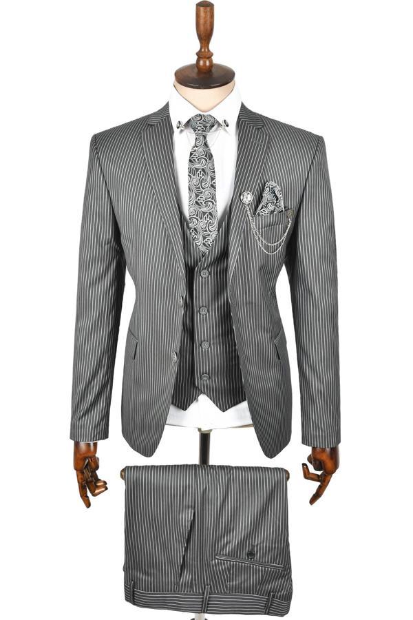 DeepSEA Erkek Gri Çift Düğme Çift Yırtmaç Çizgili Slim Fit 3 Lü Takım Elbise 2300162 - Image 1