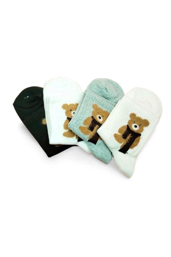 Peluş Ayıcık İşlemeli Kadın Soket Çorap 4 Çift - Image 1