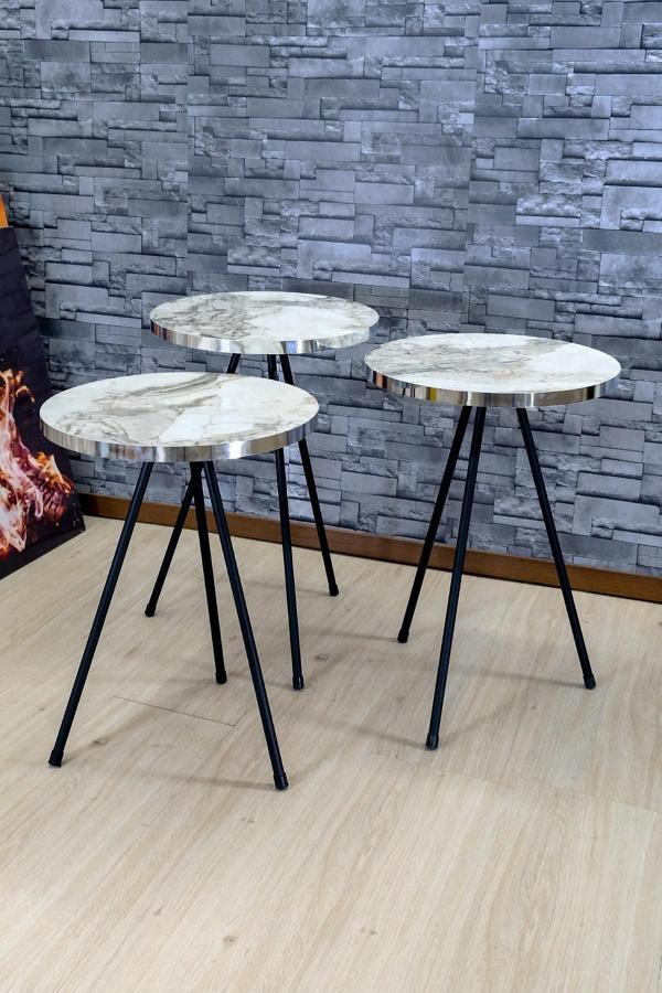 Zigon Sehpa 3'lü Siyah Metal Ayak Gümüş Efes 1071 - Image 1