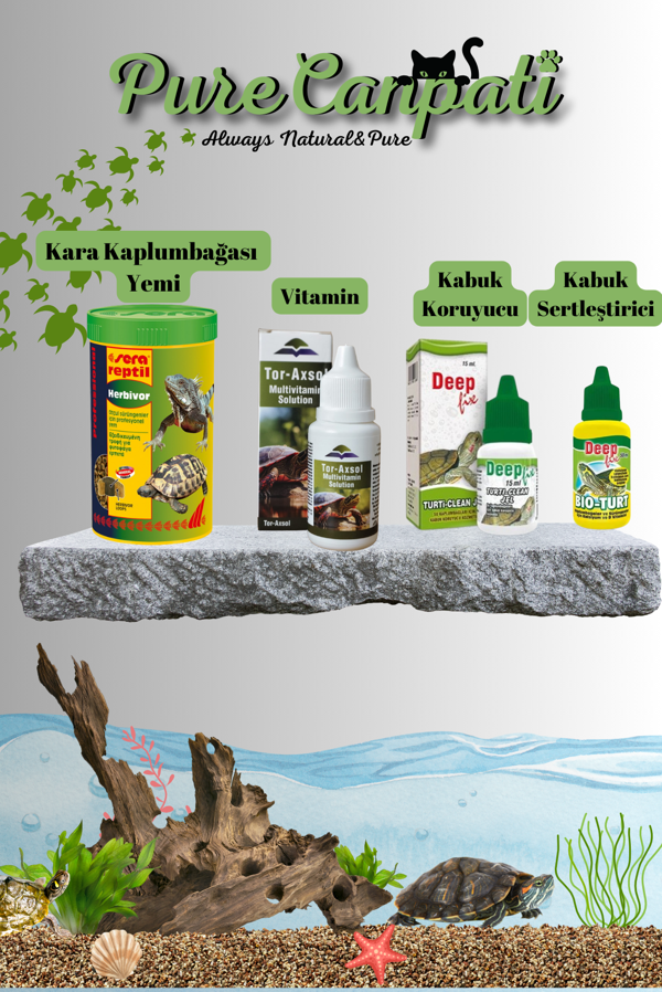 PureCanpati Kara Kaplumbağa Herbivor Yem + Tur Axol Vitamin + Fix Turti Clean Jel + Bio Turt Kabuk Sertleştirici Seti (Sera Professional Herbivor 250 ml) - Image 1