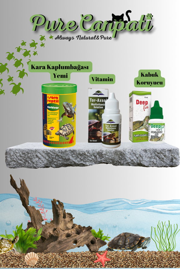PureCanpati Kara Kaplumbağa Yem, Vitamin ve Kabuk Koruyucu Jel Seti (Sera Professional Herbivor 250 ml, Tur Axol Vitamin, Fix Turti Clean Jel) - Image 1