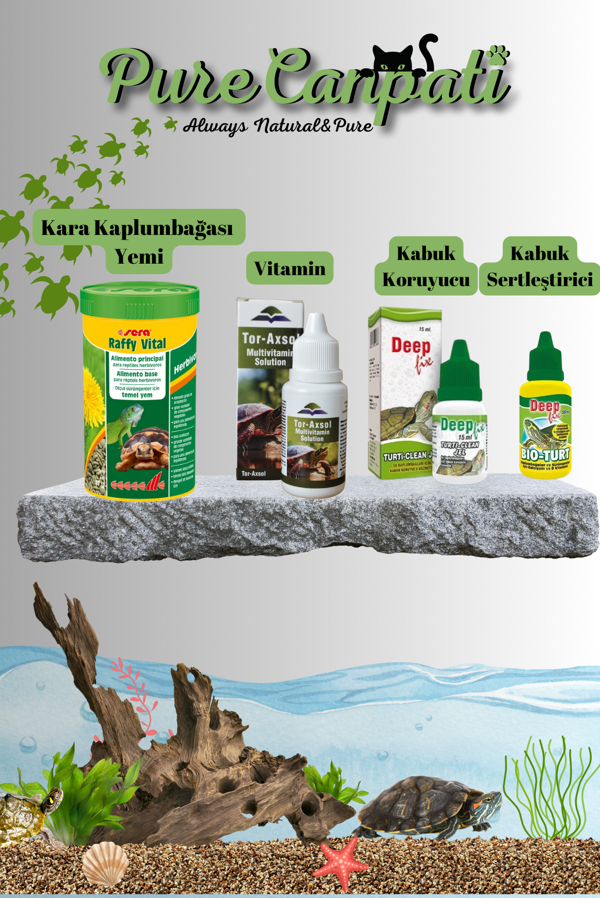 PureCanpati Kara Kaplumbağa Yem, Vitamin ve Kabuk Sertleştirici Bakım Seti (Sera Raffy Vital, Tur Axol Vitamin, Kabuk Koruyucu Jel, Kabuk Sertleştirici) - Image 1