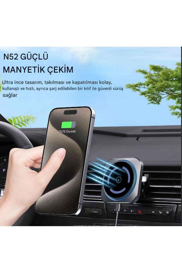 Magsafe Güçlü Manyetik 15W Hızlı Şarj Led Işıklı Araç Telefon Tutucu - Image 1