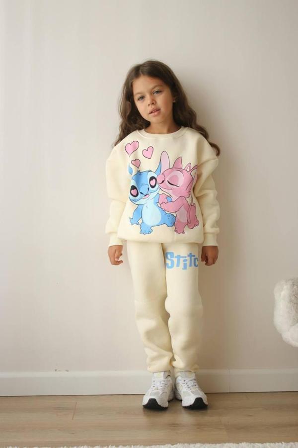 KIZ ÇOCUK STİTCH MODELLİ 3 İPLİK ŞARDONLU EŞOFMAN TAKIMI - Image 1