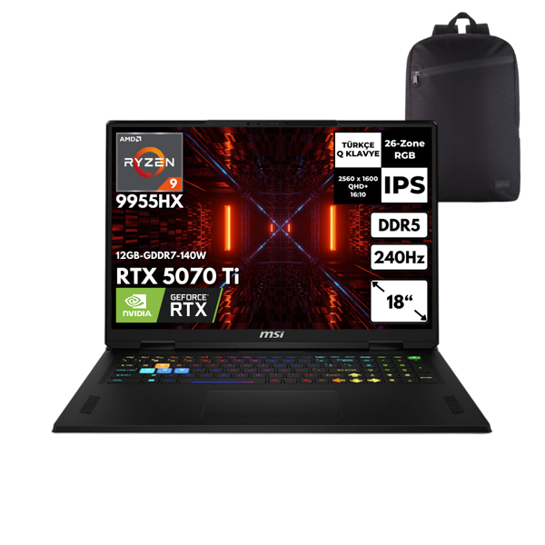 MSI NB VECTOR A18 HX R9-9955HX 48 -GBDDR5 RTX5070TI 1 TBSSD 18" Windows 11 Home + HMF Sırt Çantası A9WHG-094TRHMF3 - Image 1