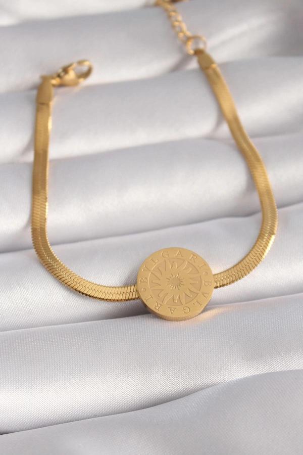 316L Çelik Gold Renk İtalyan Zincir Model İşlemeli Madalyon Figür Kadın Bileklik - Image 1