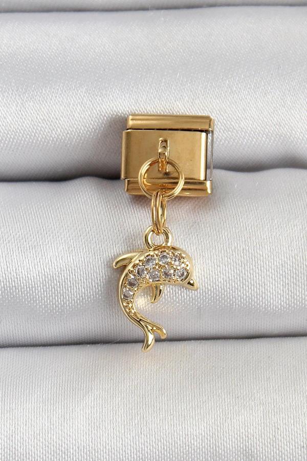 316L Çelik Sallantılı Zirkon Taşlı Yunus Balığı Model Gold Renk Nomination Charm - Image 1