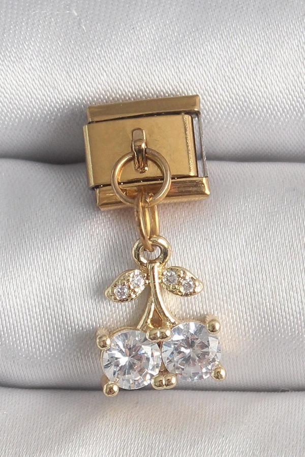316L Çelik Gold Renk Sallantı Zirkon Taşlı Kiraz Model Nomination Charm - Image 1