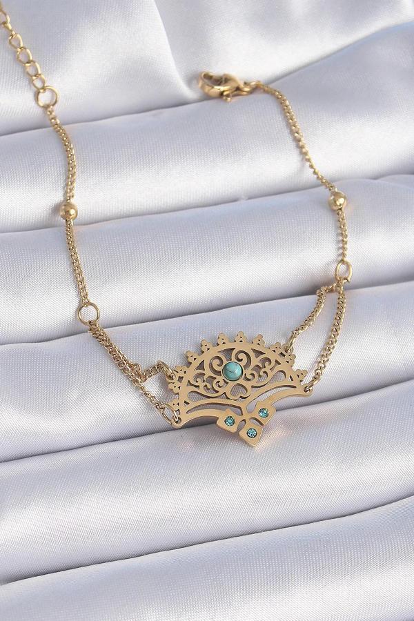 316L Çelik Gold Renk Mavi Taşlı Etnik Desen Kadın Bileklik - Image 1