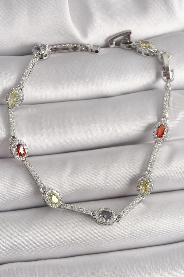 Pirinç Gümüş Renk Renkli Zirkon Taşlı Damla Taş Model Kadın Bileklik - Image 1