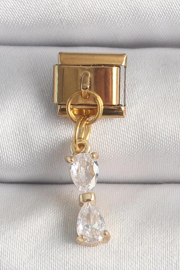 316L Çelik Gold Renk Sallantı Zirkon Taşlı Kurdele Model Nomination Charm - Image 1