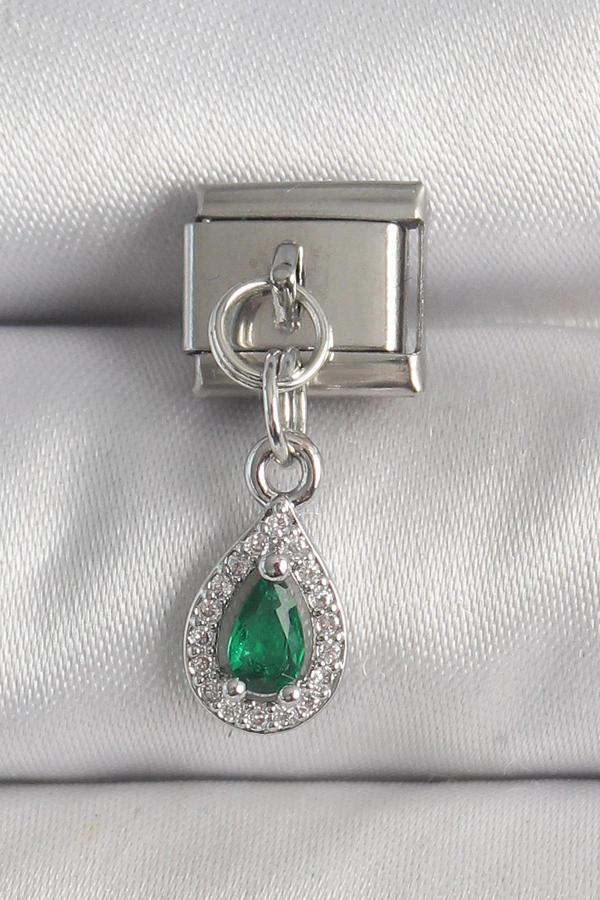 316L Çelik Gümüş Renk Sallantı Yeşil Zirkon Taşlı Damla Model Nomination Charm - Image 1
