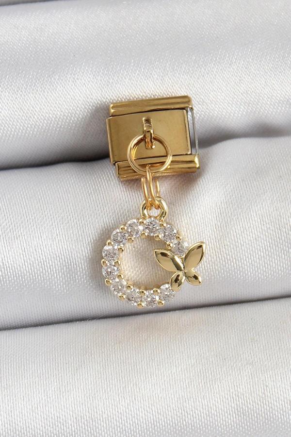 316L Çelik Sallantılı Zirkon Taşlı Kelebek Detaylı Halka Model Gold Renk Nomination Charm - Image 1