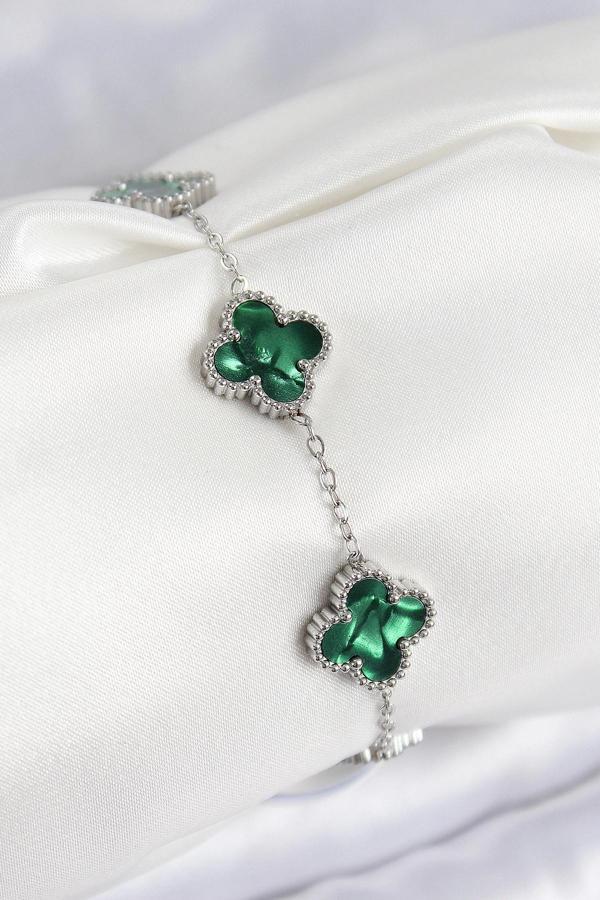 316L Çelik Sedefli Zümrüt Yeşil Gümüş Renk Yonca Kadın Bileklik - Image 1