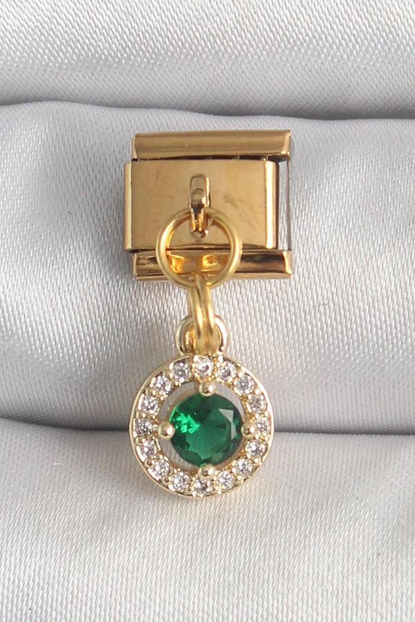 316L Çelik Gold Renk Sallantı Yeşil Zirkon Taşlı Nomination Charm - Image 1