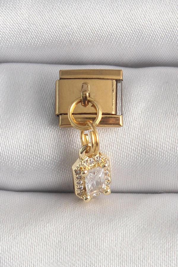 316L Çelik Gold Renk Sallantı Zirkon Taşlı Kare Model Nomination Charm - Image 1