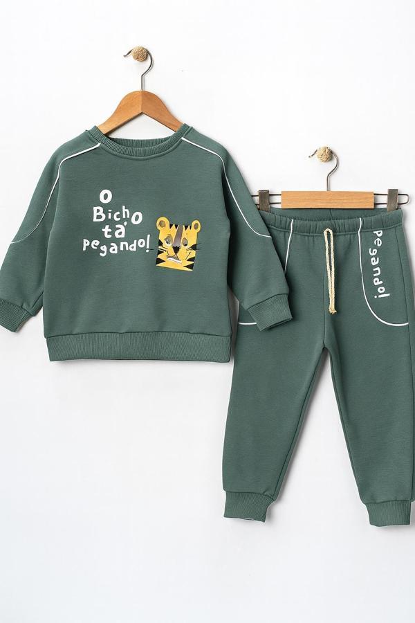 Erkek Çocuk 3 İplik Şardonlu Kaplan Baskılı Eşofman Takımı-10684 y - Image 1