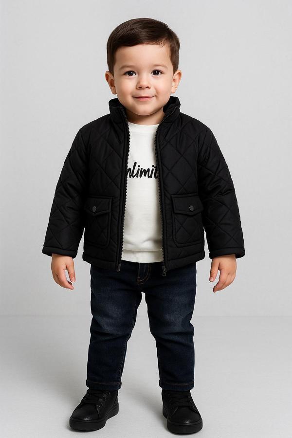 Erkek Çocuk 3 Parça Şişme Montlu Jean Pantolon ve Baskılı Tişört Takım 3617S - Image 1