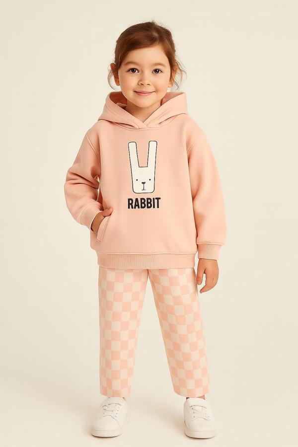 Çocuk Kapüşonlu Rabbit Desenli 3 İplik Şardonlu Eşofman Takımı (5-8 Yaş) 10761S - Image 1