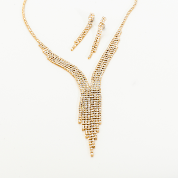 Biem Abiye Zirkon Su Yolu Taşlı Gold Renk Kolye Küpe Set - Image 1