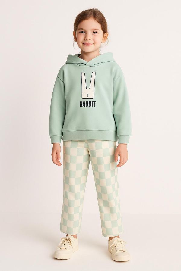 Çocuk Kapüşonlu Rabbit Desenli 3 İplik Şardonlu Eşofman Takımı (5-8 Yaş) 10761 Yeşil - Image 1