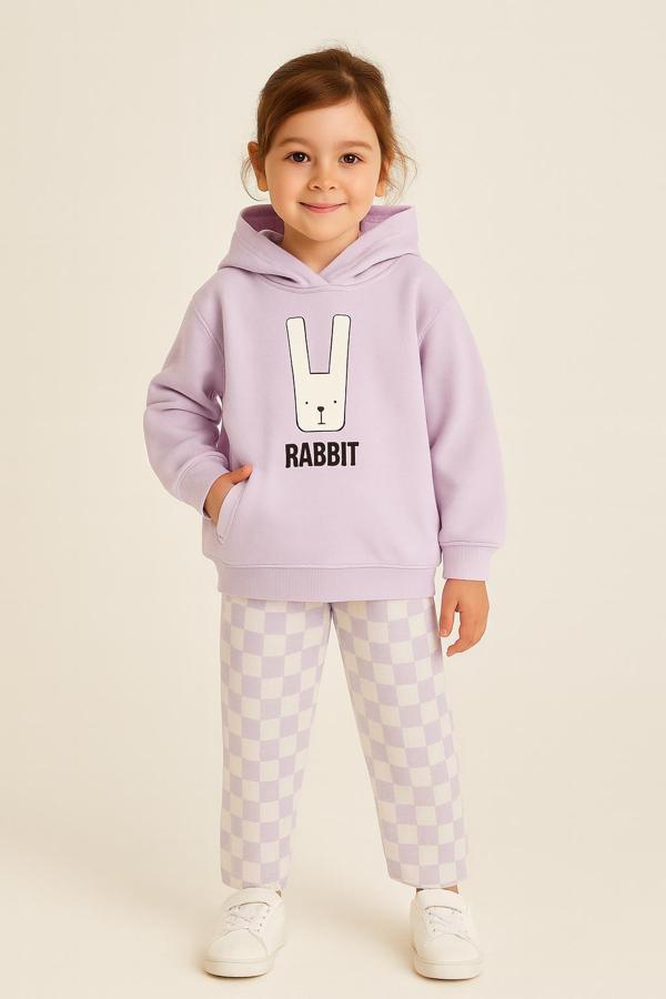 Çocuk Kapüşonlu Rabbit Desenli 3 İplik Şardonlu Eşofman Takımı (5-8 Yaş) 10761 LİLA - Image 1