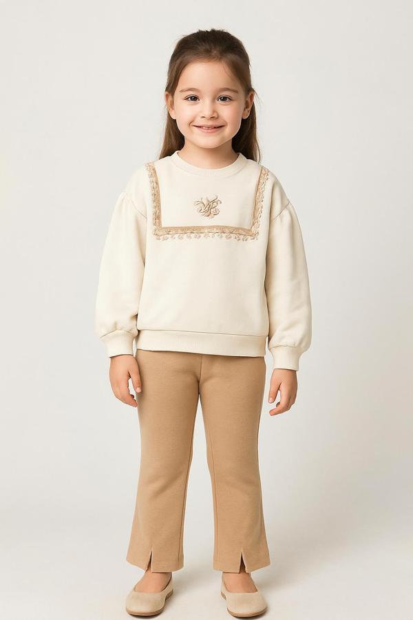 Kız Çocuk 2’li Takım – Dantel Detaylı Sweatshirt ve Yırtmaçlı Pantolon (5-8 Yaş) 10752V - Image 1