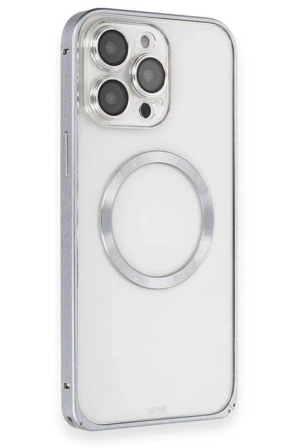 iPhone 15 Pro Kılıf Metal Bumper Magneticsafe Kapak - Gri-(5796) - Image 1