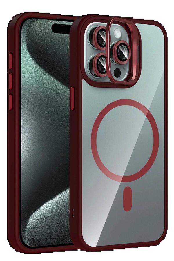 Apple iPhone 14 Pro Max Remim Lensli Magsafe Standlı Kapak - Bordo-(5796) - Image 1