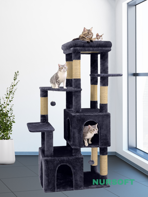 Çok Katlı Ponponlu Tırmalamalı Teraslı Lüx Kedi Oyun Evi Nursoft-0108 - Image 1