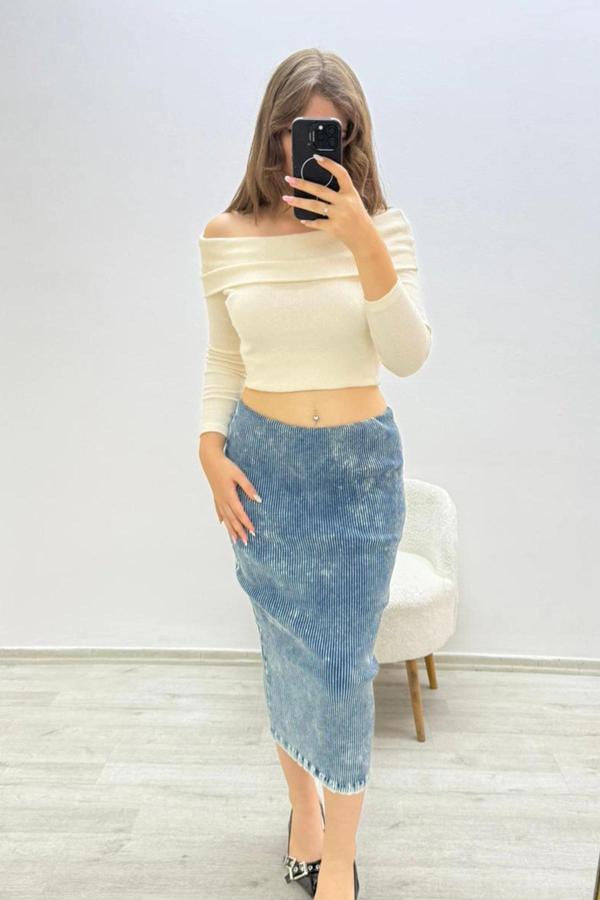 Yıkama Model Beli Lastikli Kalem Mavi Etek - Image 1