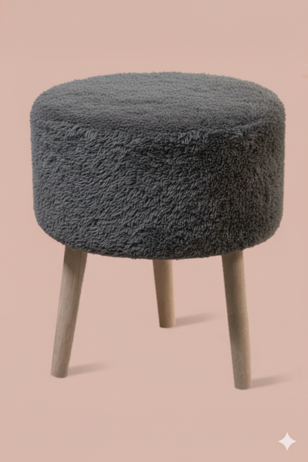 3 Ayaklı Mini Puf - Antrasit Teddy Peluş Kumaşlı Mini Tabure  - Image 1