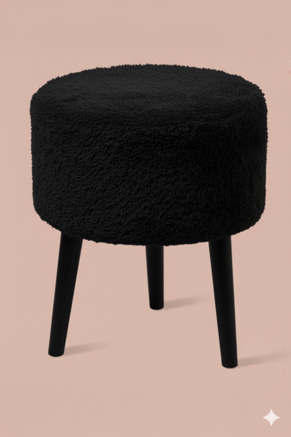 3 Ayaklı Mini Puf - Siyah Teddy Peluş Kumaşlı Mini Tabure  - Image 1