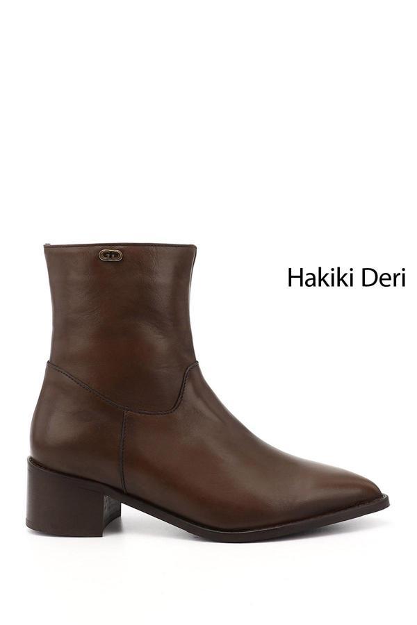Kadın Kahverengi Fermuarlı Sivri Burun Hakiki Deri Bot - Image 1