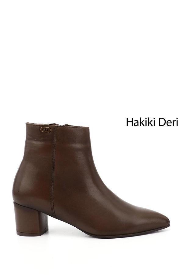 Kadın Kahverengi Fermuarlı Sivri Burun Hakiki Deri Bot - Image 1