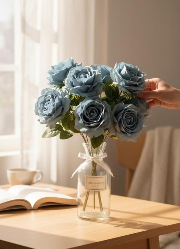 Yapay Çiçek 7li Gül Demeti 40*30cm 1.Kalite Büyükboy MAVİ AÇIK - Image 1