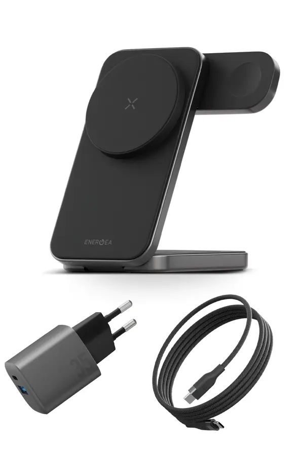 Essential Kit GaN 35W Adaptör 3in1 Kablosuz Şarj Standı ve 100W Type-C to Type-C Kablolu Set - Image 1
