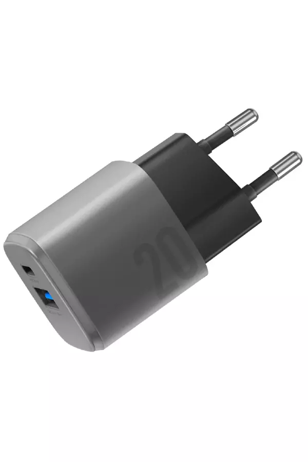 AmpCharge GaN20 20W Type-C ve 18W USB 3.0 Çıkışlı Hızlı Şarj Aleti - Koyu Gri - Image 1
