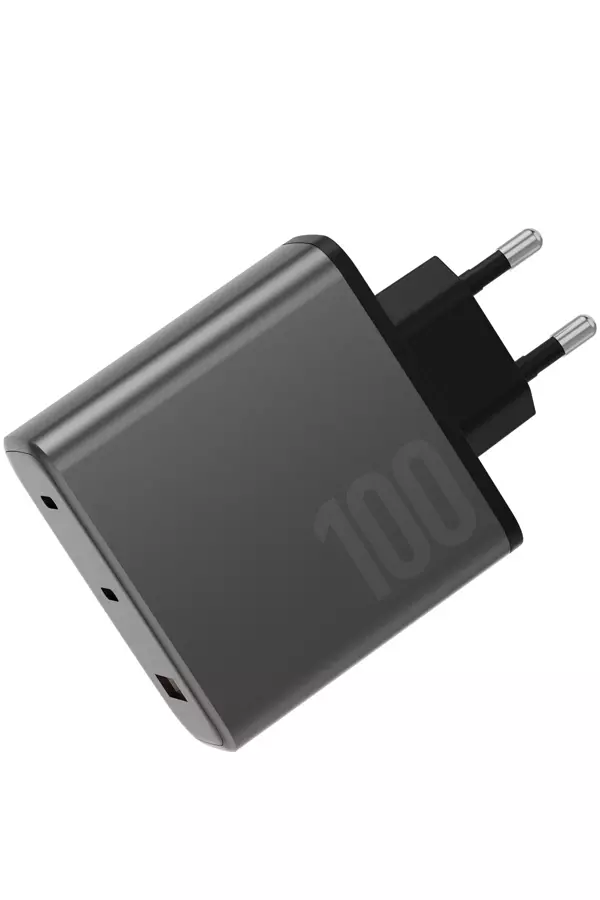 AmpCharge GaN100 2 Adet 100W Type-C ve 30W USB 3.0 Çıkışlı Hızlı Şarj Aleti - Koyu Gri - Image 1
