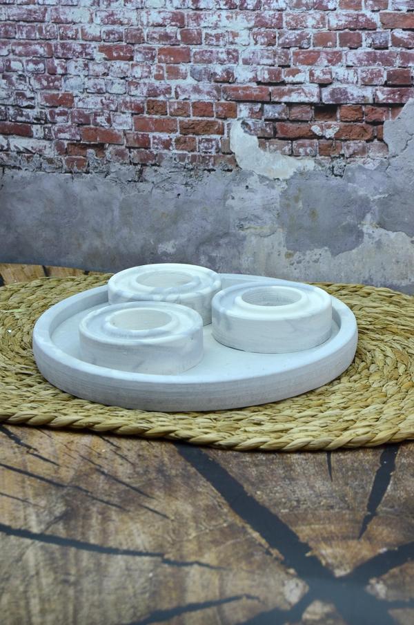 Taş Tozu 3’lü Tealight Mumluk Seti – Dekoratif Yuvarlak Tabaklı Mumluk Mermer Taş Tozu - Image 1