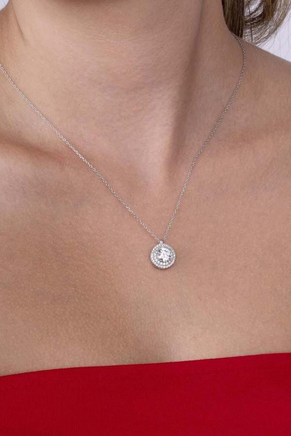 Gümüş Pazarım Yuvarlak Kesim Elmas Montür Beyaz Altın Kaplama Tektaş Kadın Gümüş Kolye - Image 1