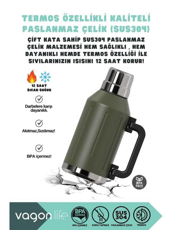 Vagonlife Çelik Termos Matara 1200 ml - YeşilStandart - Image 1