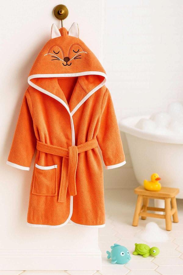 Kapşonlu Unisex %100 Pamuklu Çocuk Banyo Bornozu Fox - Image 1