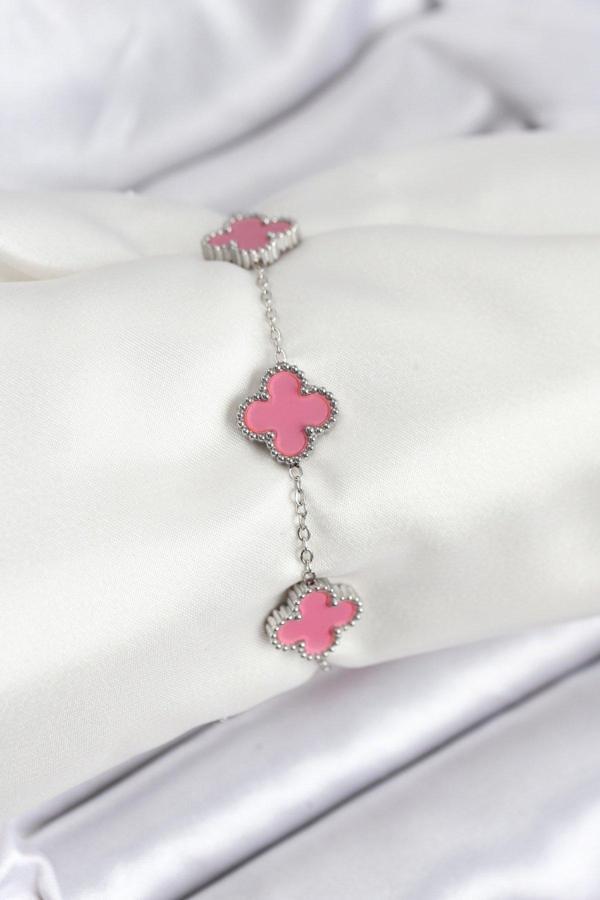 Gümüş Zincir Pembe Renk Yonca Bileklik - EBJ250920W37792 - Image 1