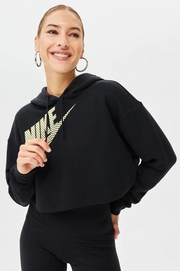 Nike Sportswear Fleece Crop Loose Fİt Hoodie Kadın Kapüşonlu Kısa Bol Kesim Sweatshirt Siyah - Image 1