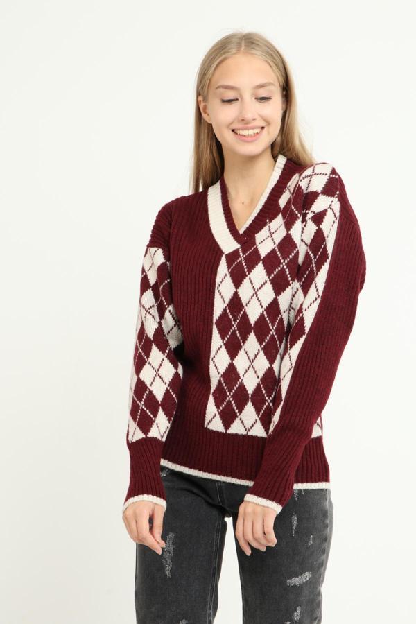 Blue Petrol Kadın Baklava Desen Detaylı, V Yaka Kazak - Image 1