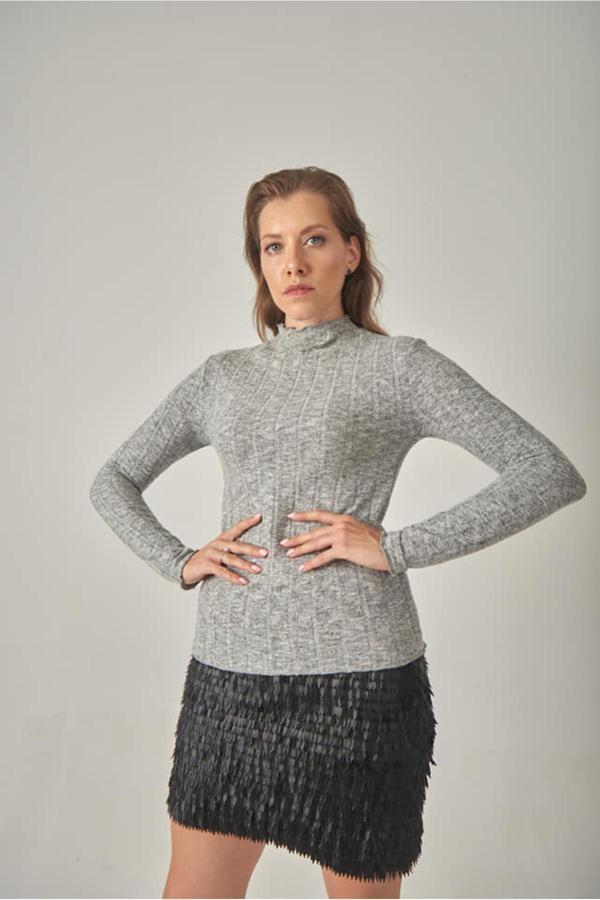 Blue Petrol Kadın Fitilli Görünümlü Vücudu Saran Balıkçı Yaka Bluz-Kazak - Image 1