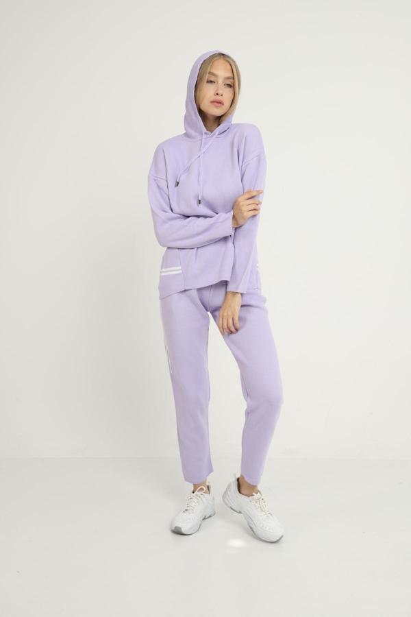 Blue Petrol Kadın Kapüşonlu Çizgi Detaylı Triko Takım - Image 1