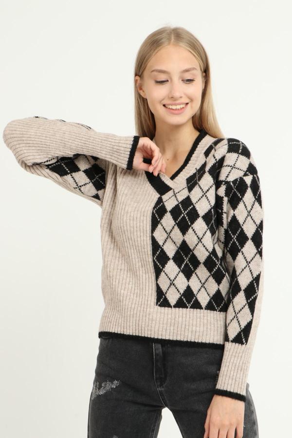 Blue Petrol Kadın Baklava Desen Detaylı, V Yaka Kazak - Image 1