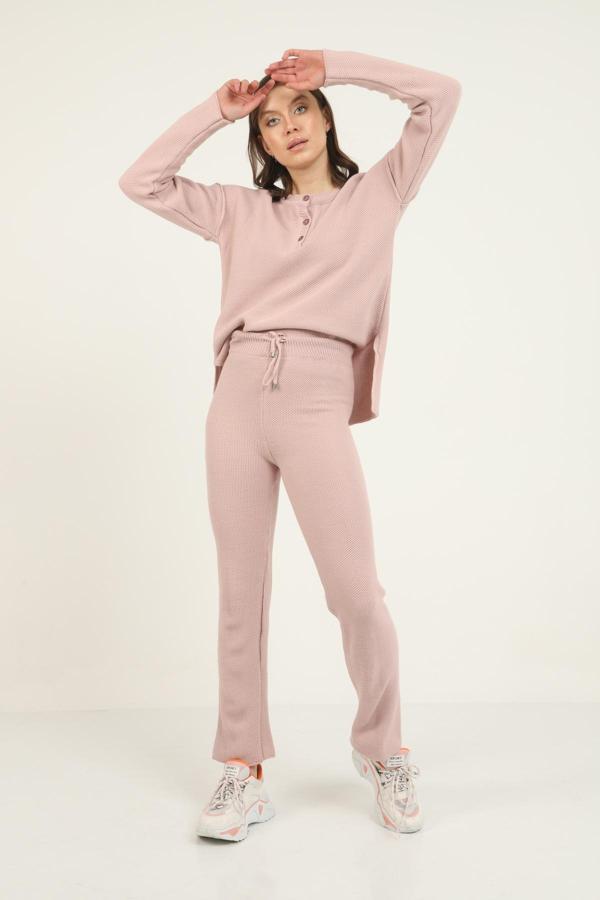 Blue Petrol Kadın Bisiklet Yaka Düğmeli Triko Takım - Image 1